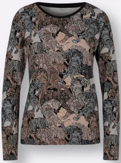 Shirts| Langarmshirt mit kontrastfarbiger Paspel schwarz-sand-bedruckt