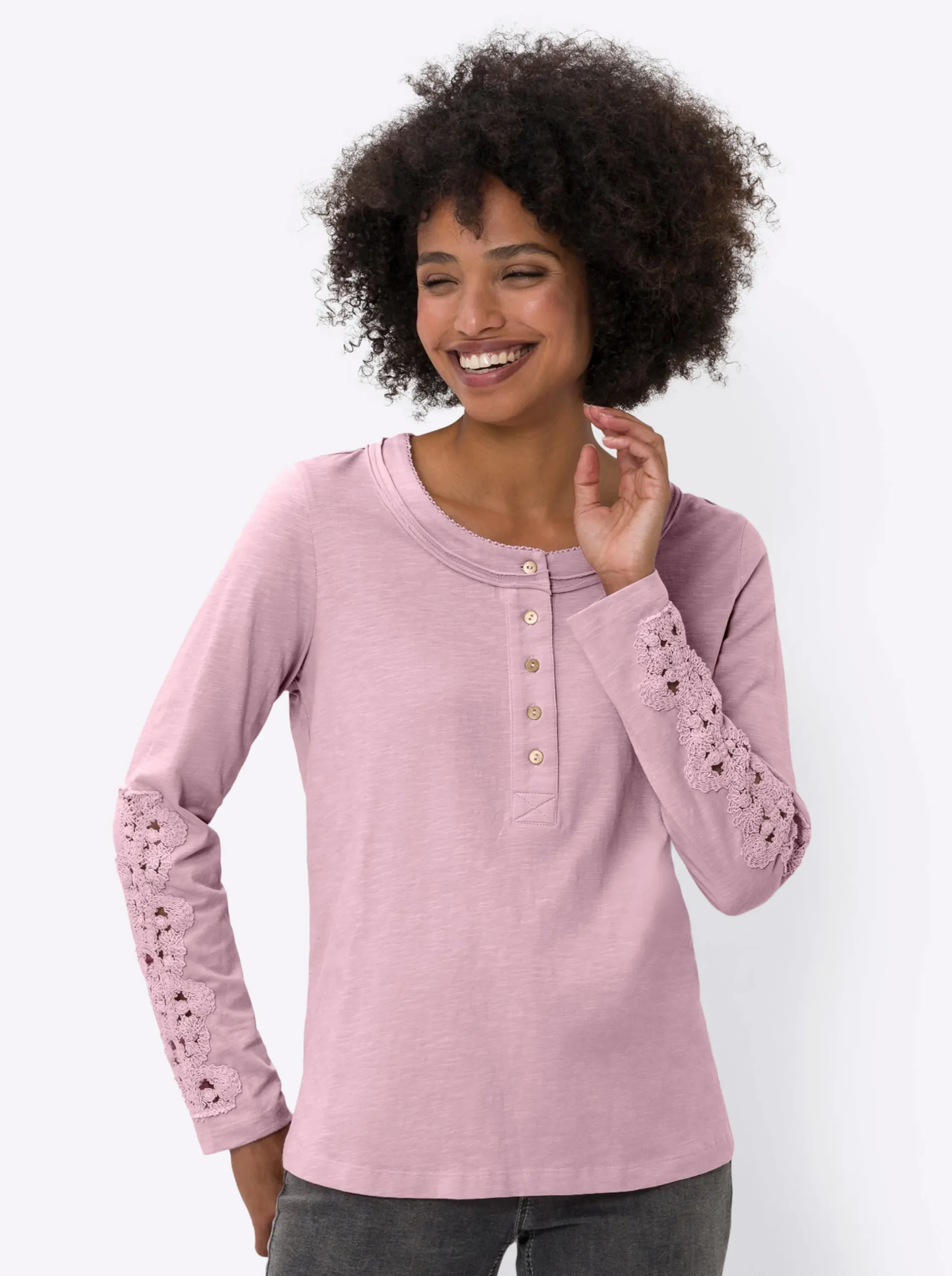 Shirts|heine Langarmshirt mit Spitze rosé