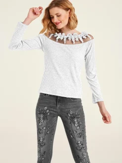 Shirts|heine Langarmshirt mit Spitze offwhite