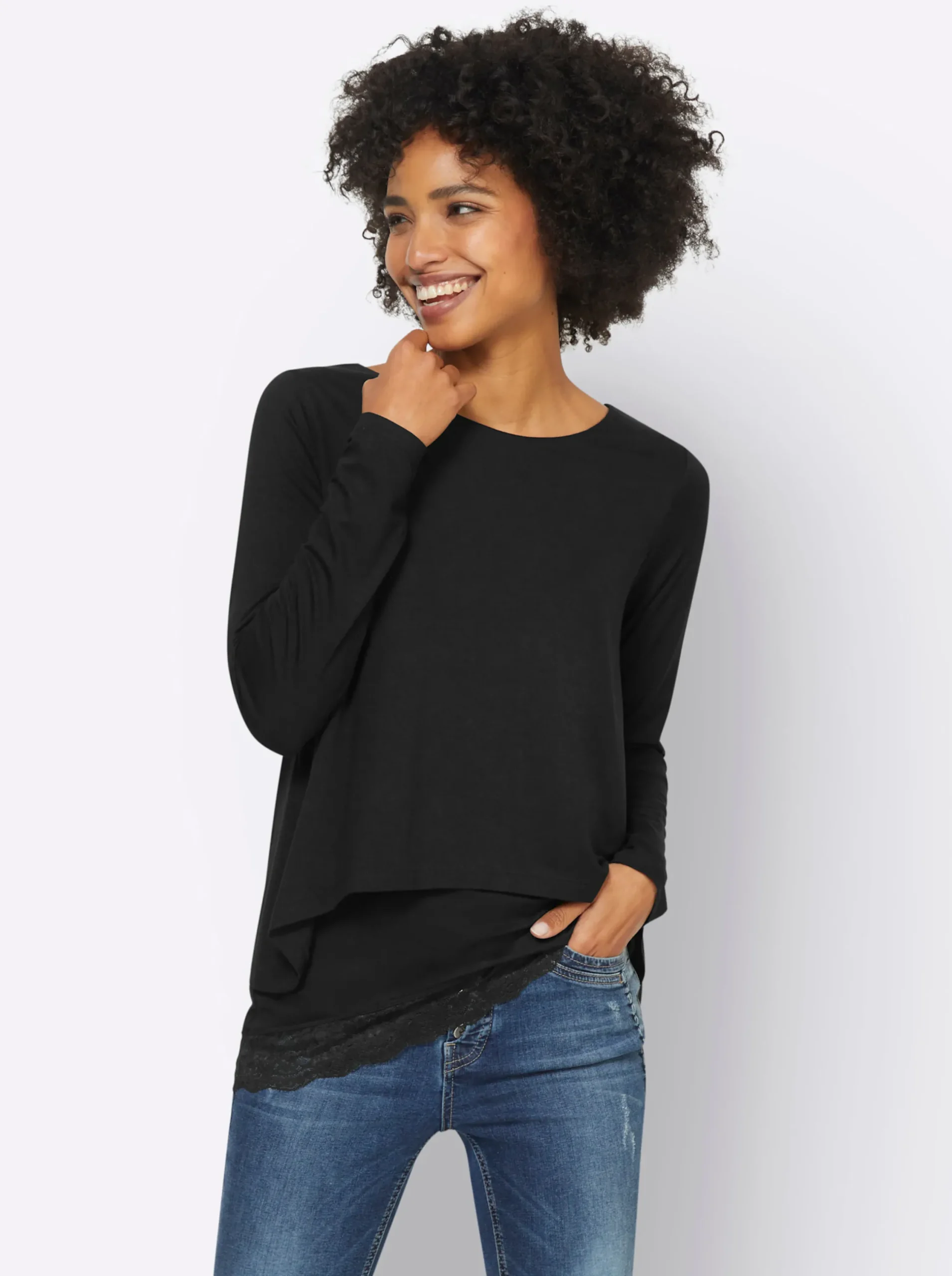 Shirts|heine Langarmshirt mit Spitzensaum schwarz