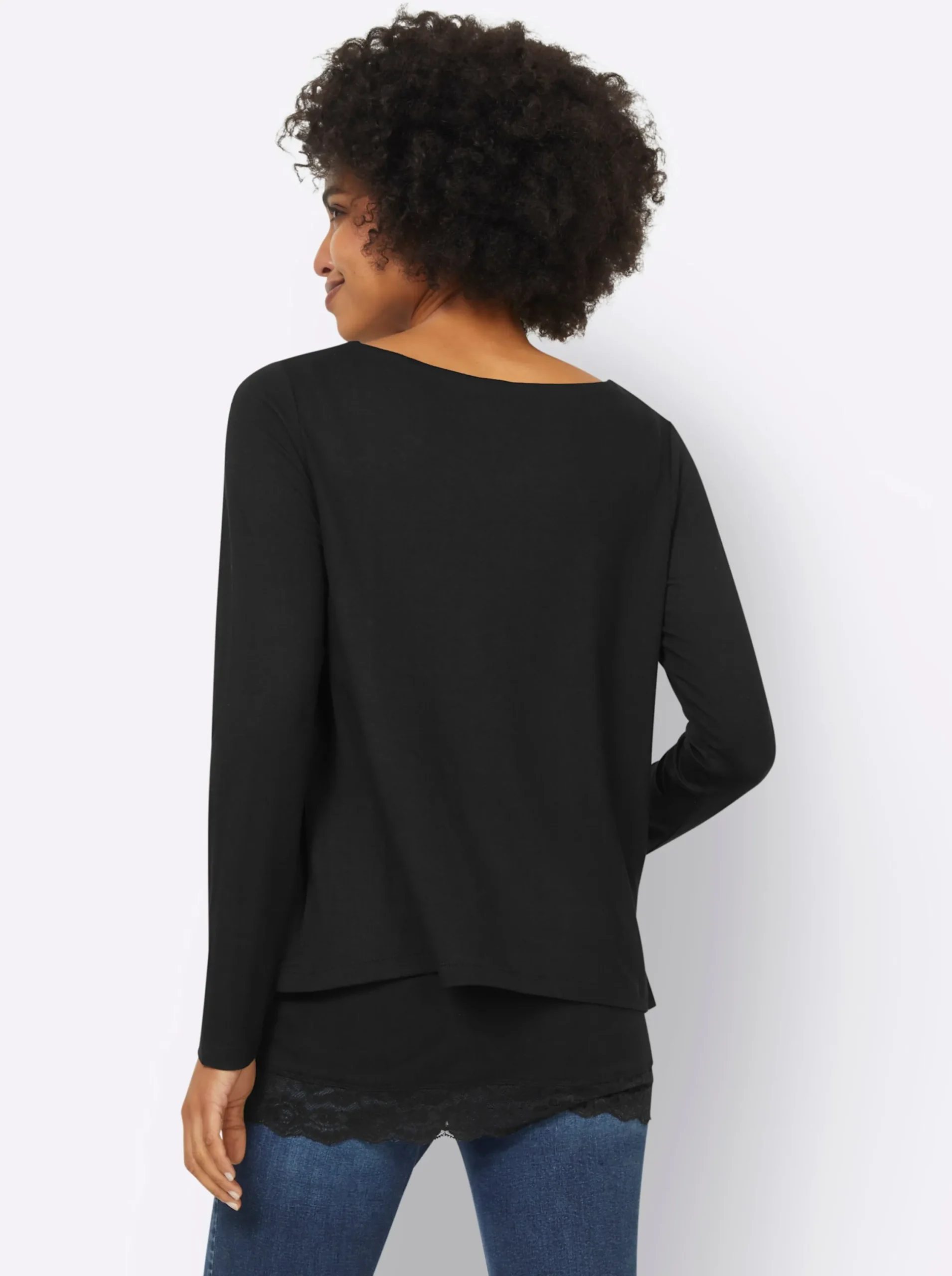 Shirts|heine Langarmshirt mit Spitzensaum schwarz