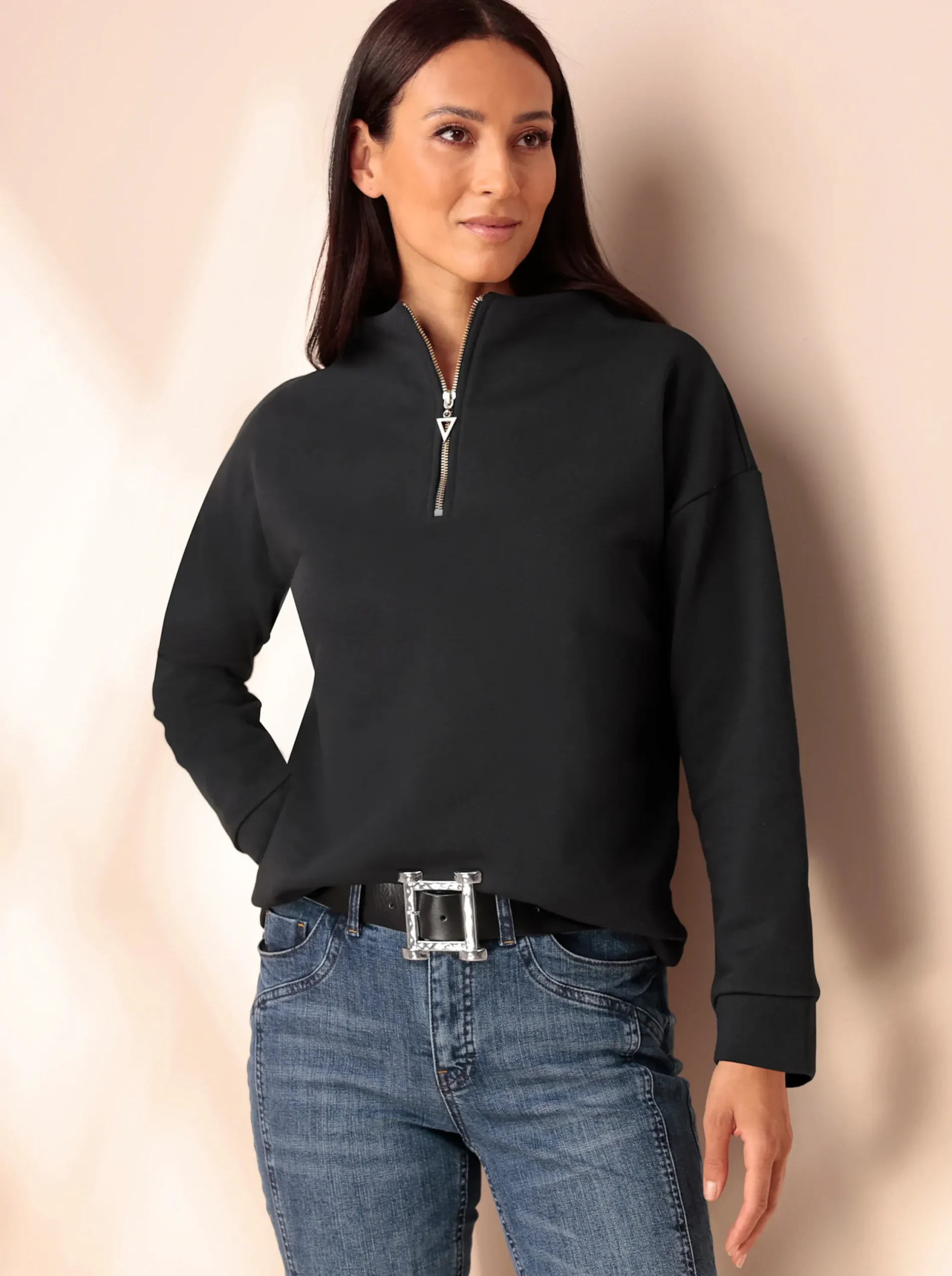 Shirts|heine Langarmshirt mit Stehkragen schwarz