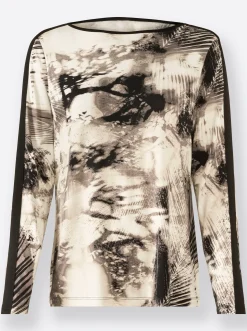 Shirts| Langarmshirt mit U-Boot-Ausschnitt sand-schwarz-bedruckt