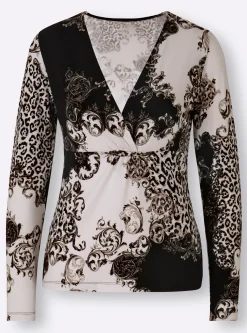 Shirts|heine Langarmshirt mit Wickel-Effekt ecru-schwarz-bedruckt