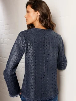 Ledershop|CREATION L PREMIUM Lederblazer mit aufwendiger Lochstickerei und Spitzenbordüre marine