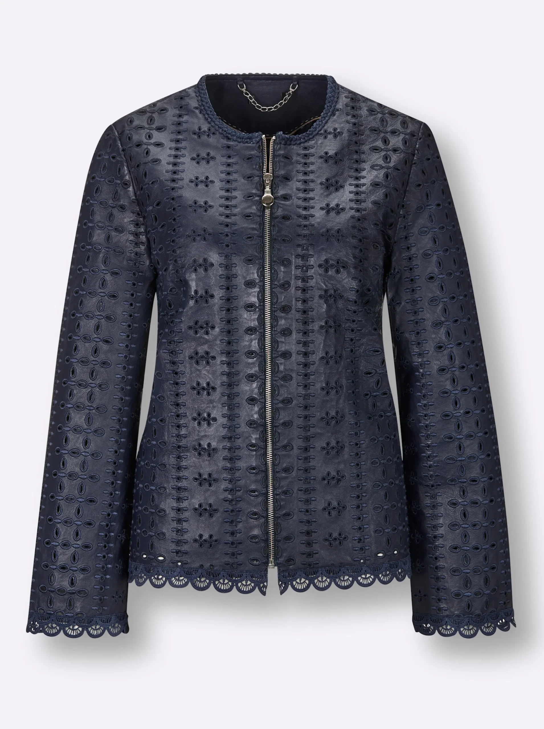 Ledershop|CREATION L PREMIUM Lederblazer mit aufwendiger Lochstickerei und Spitzenbordüre marine