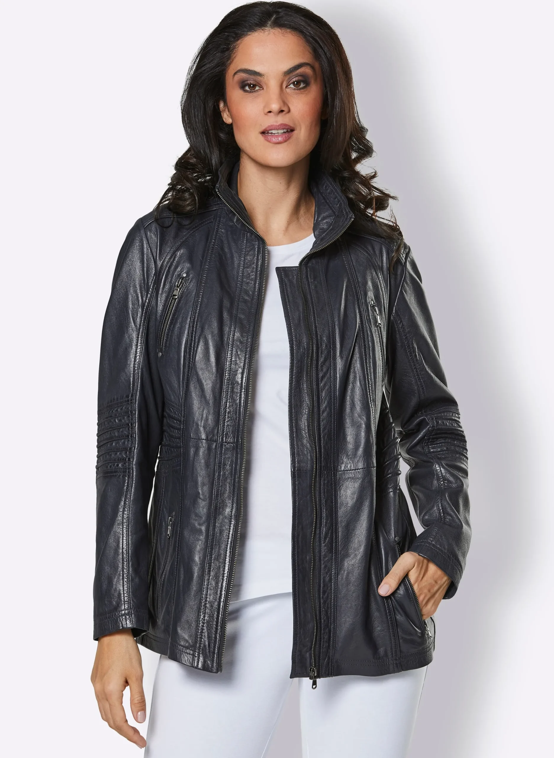 Jacken| Lederjacke mit Reißverschluss-Innentasche marine
