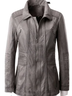 Jacken| Lederjacke mit Reißverschluss-Innentasche grau