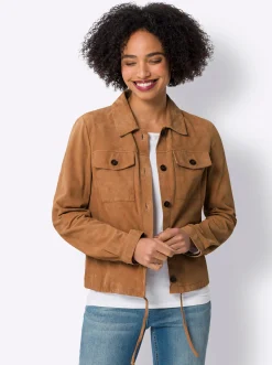 Jacken|heine Lederjacke mit Tunnelzug am Saum cognac
