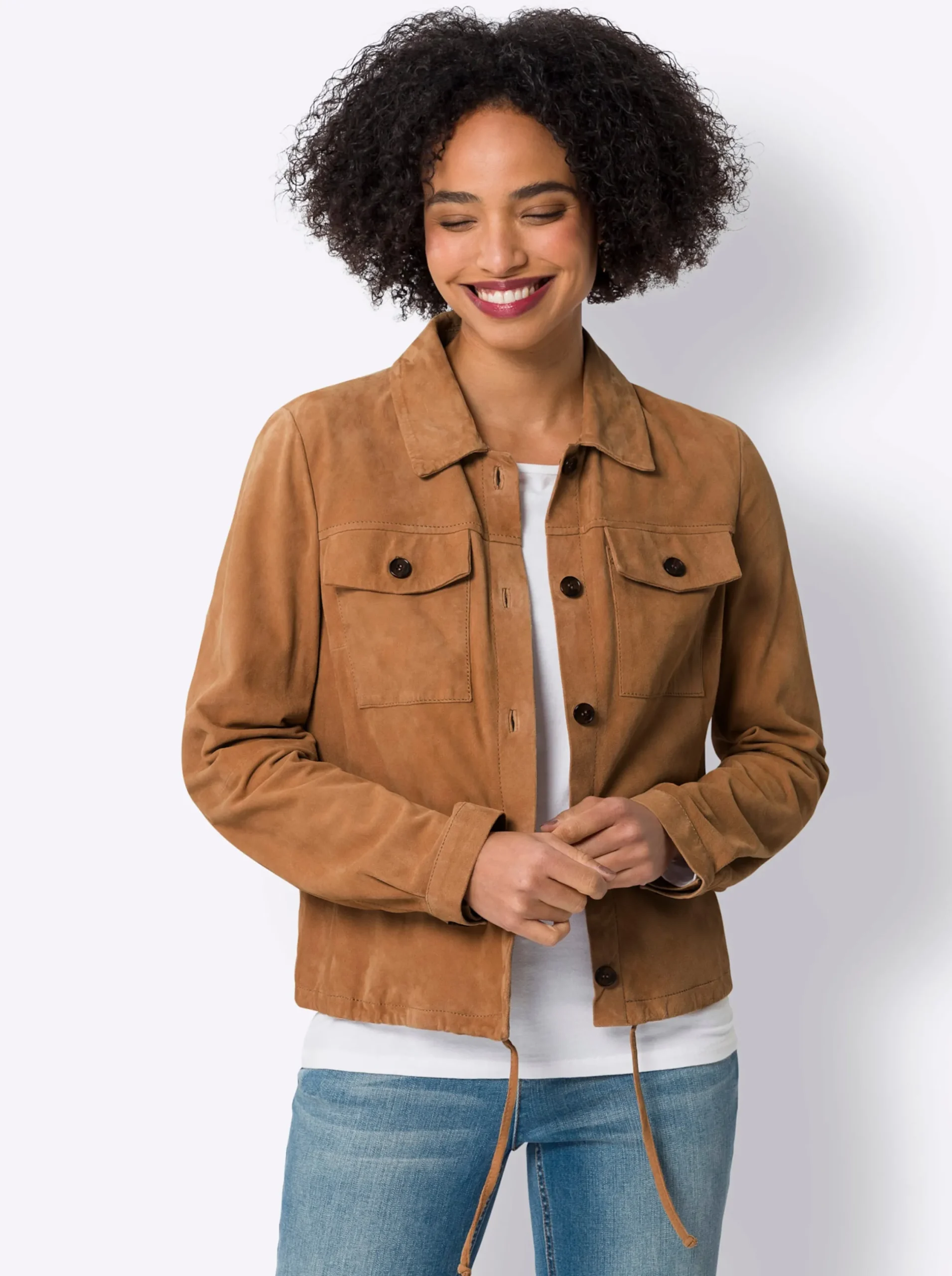 Jacken|heine Lederjacke mit Tunnelzug am Saum cognac