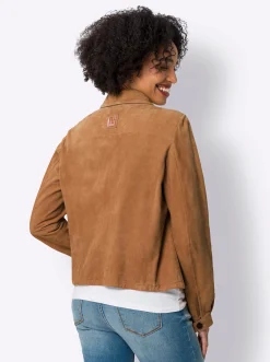 Jacken|heine Lederjacke mit Tunnelzug am Saum cognac