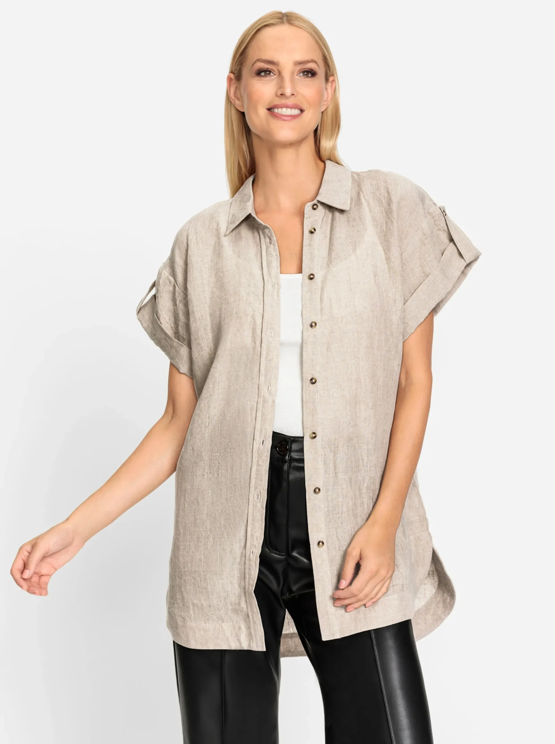 Blusen|heine Leinenbluse mit Seitenschlitzen sand-meliert