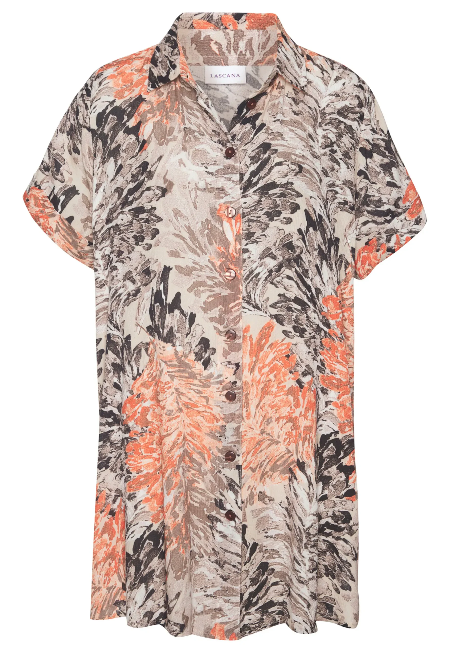 Blusen|LASCANA Longbluse apricot-taupebedruckt