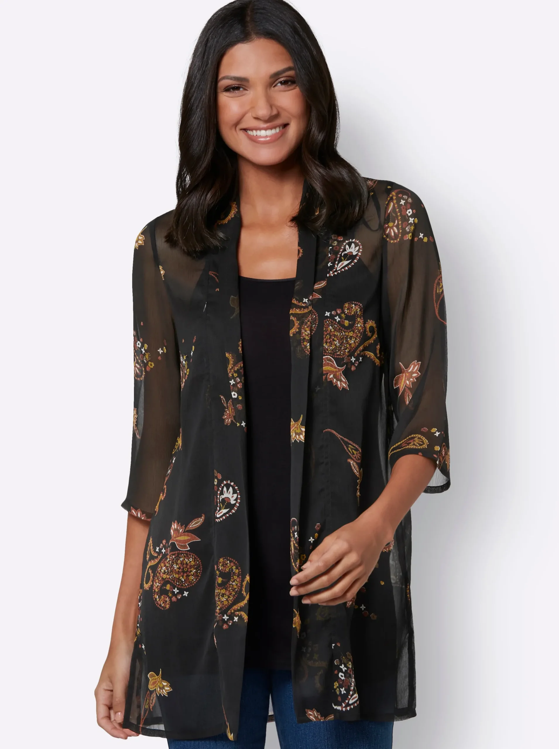 Blusen| Longbluse in offener Form schwarz-ocker-bedruckt