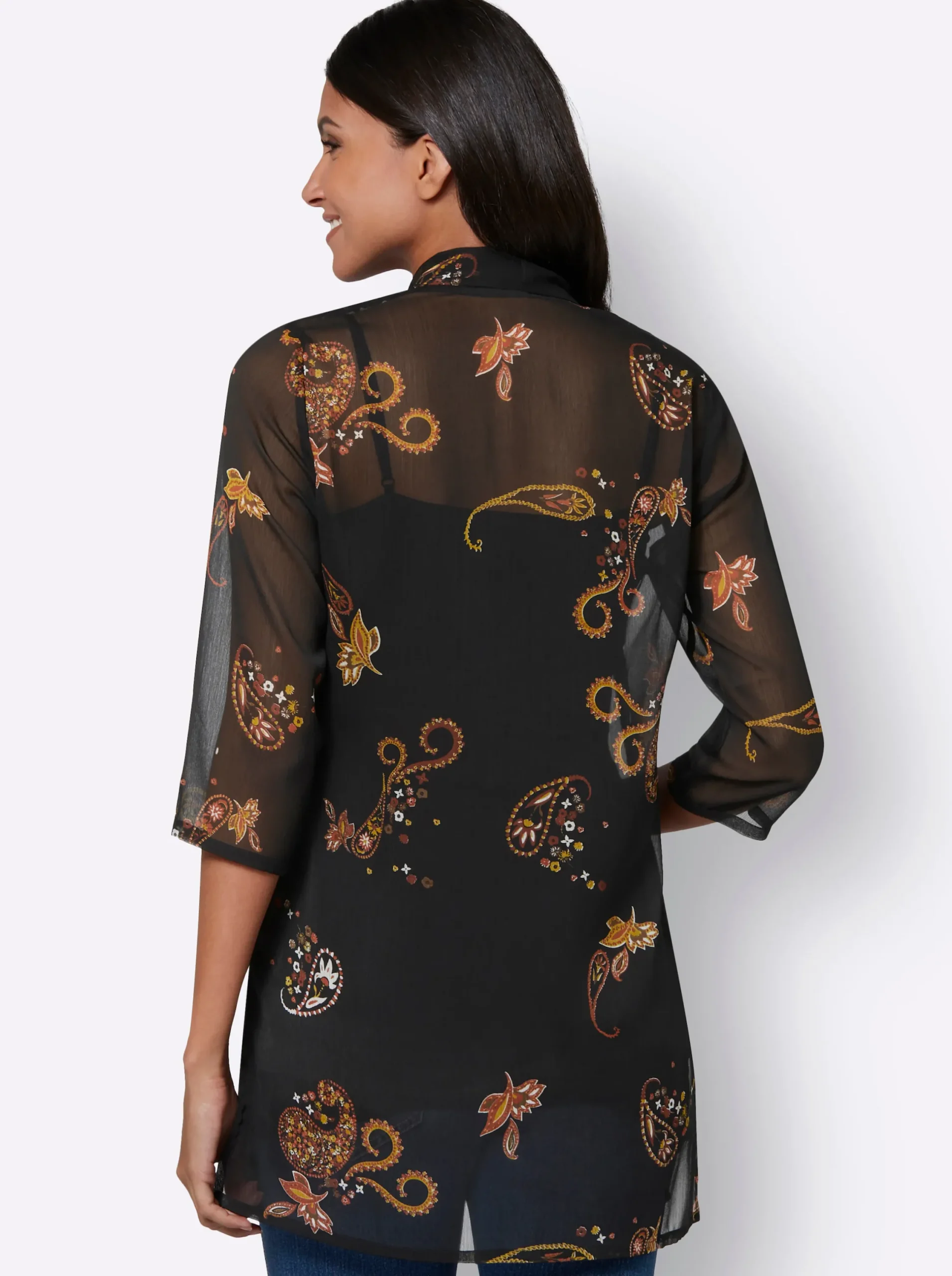 Blusen| Longbluse in offener Form schwarz-ocker-bedruckt