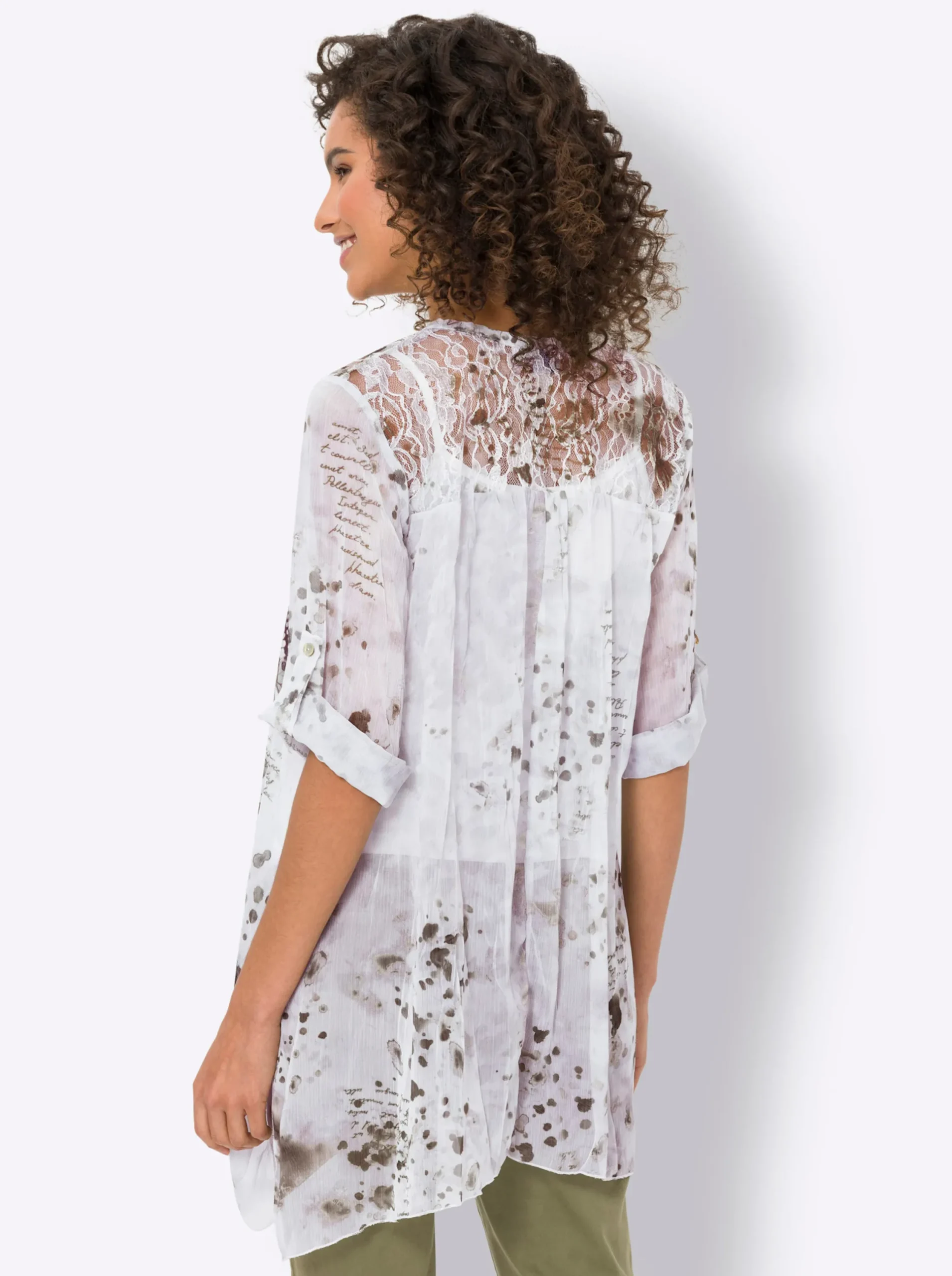 Blusen|heine Longbluse mit rückwärtigem Spitzeneinsatz ecru-oliv-bedruckt