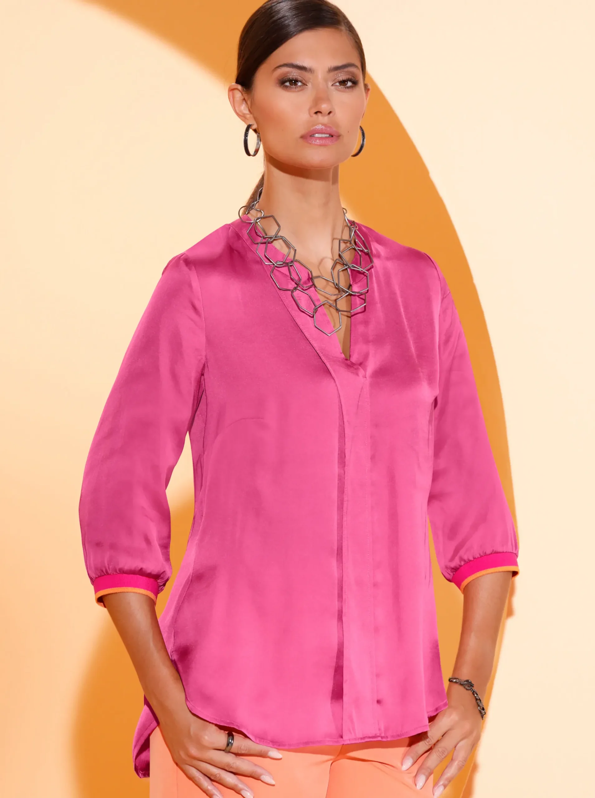 Blusen| Longbluse mit Streifenbündchen fuchsia-papaya