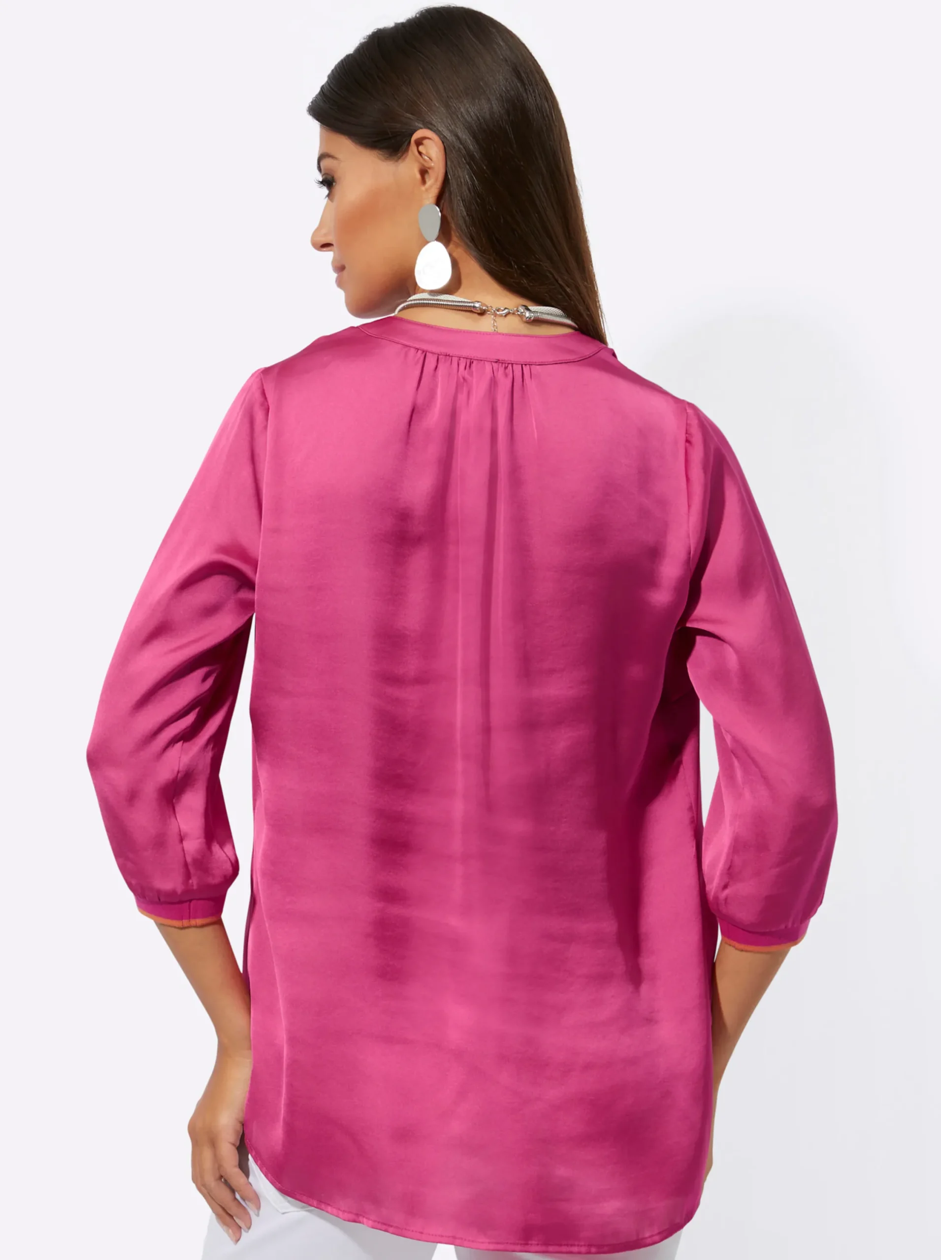 Blusen| Longbluse mit Streifenbündchen fuchsia-papaya