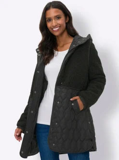 Jacken|heine Longjacke Materialmix aus Teddy und Stepp schwarz