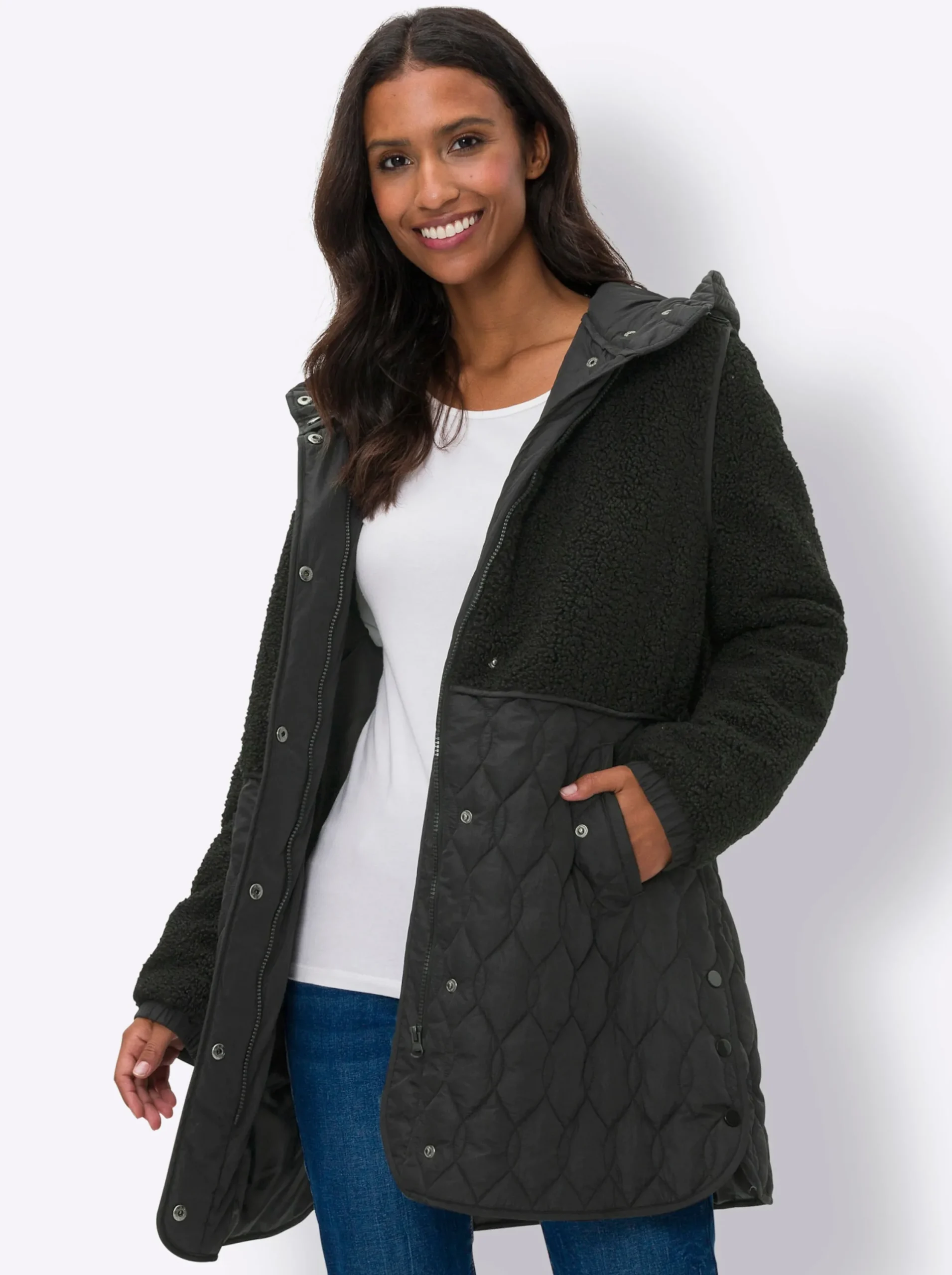 Jacken|heine Longjacke Materialmix aus Teddy und Stepp schwarz