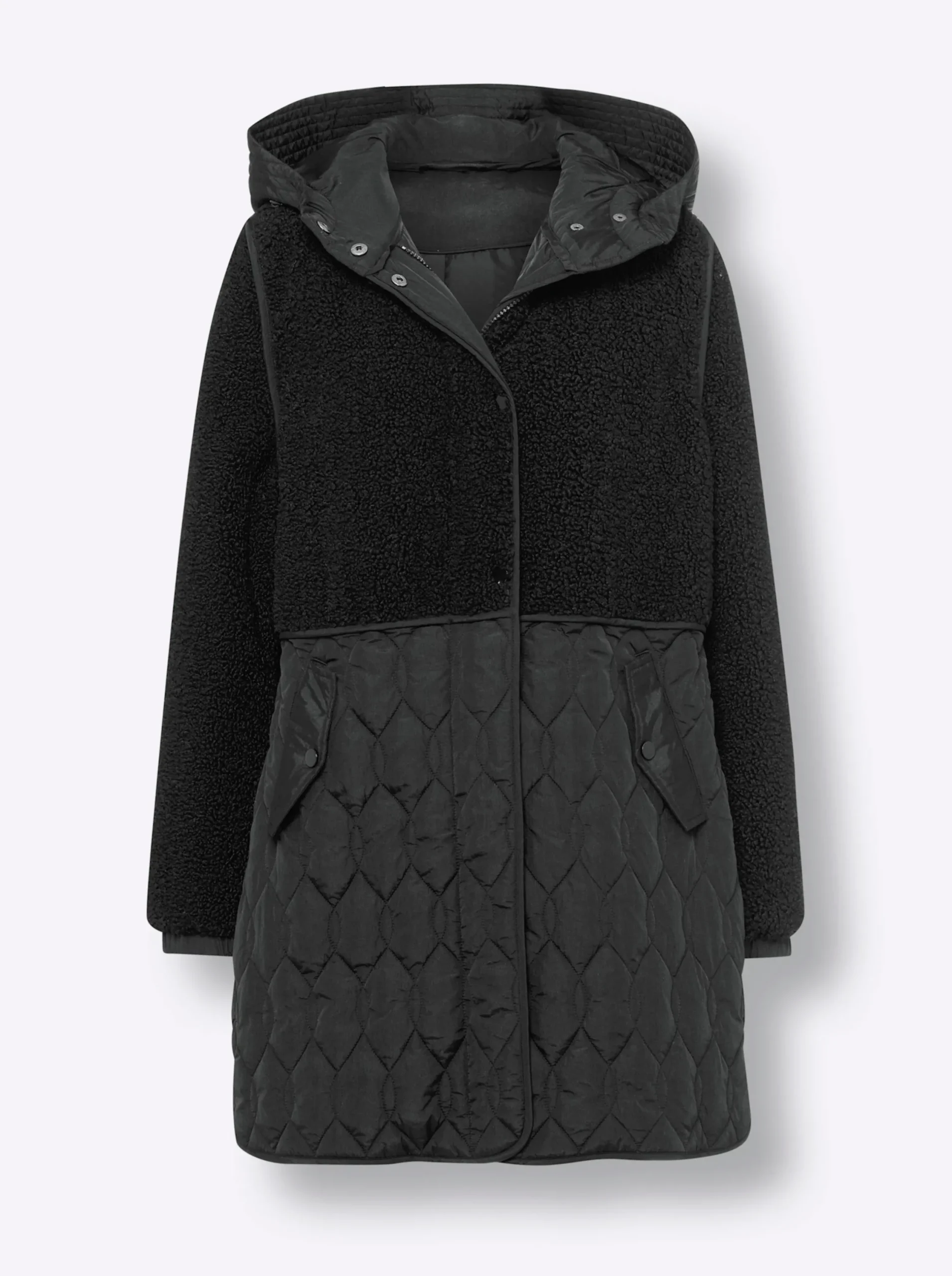 Jacken|heine Longjacke Materialmix aus Teddy und Stepp schwarz