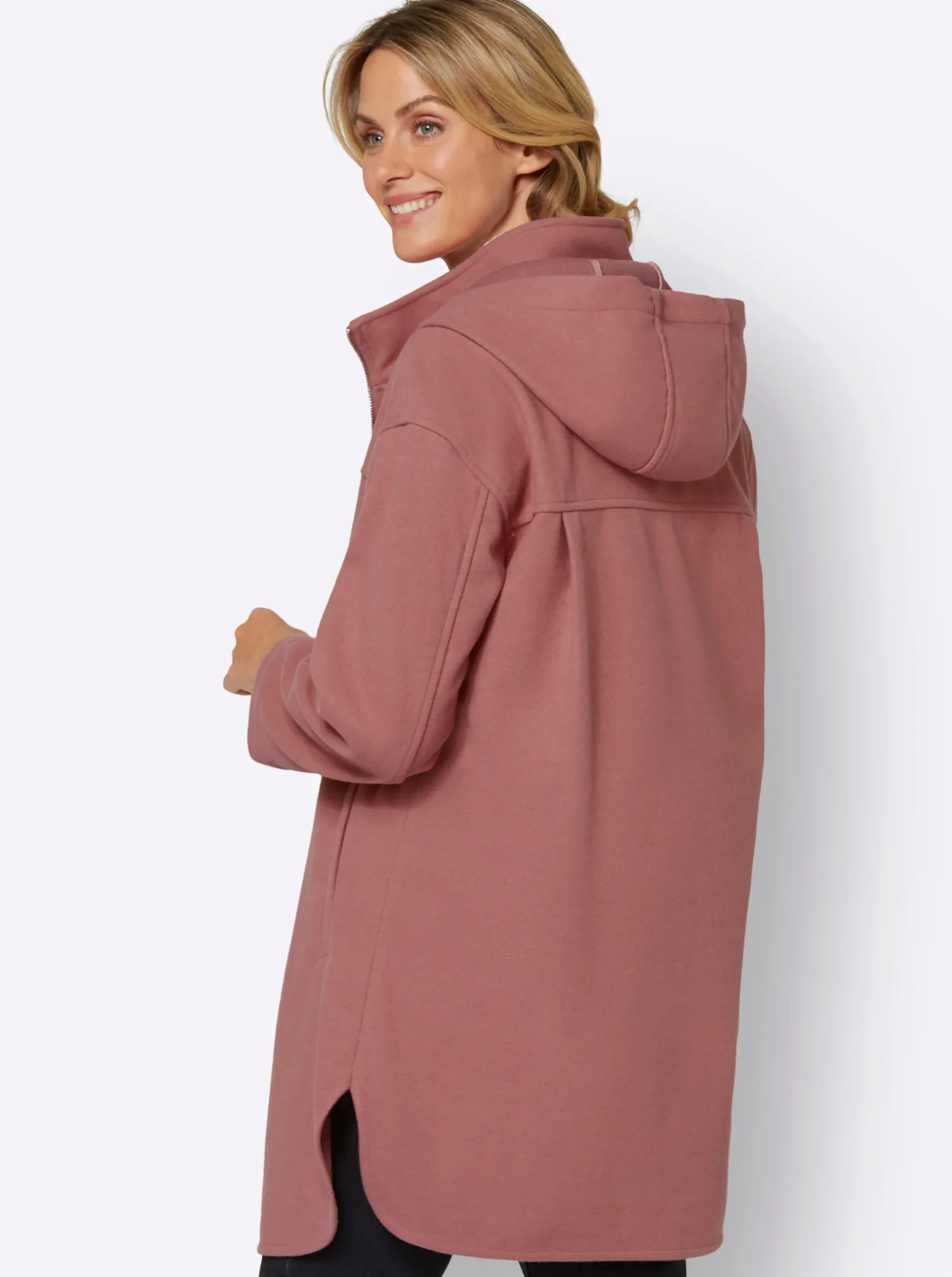 Jacken| Longjacke mit Kapuze und Seitenschlitzen rosenholz
