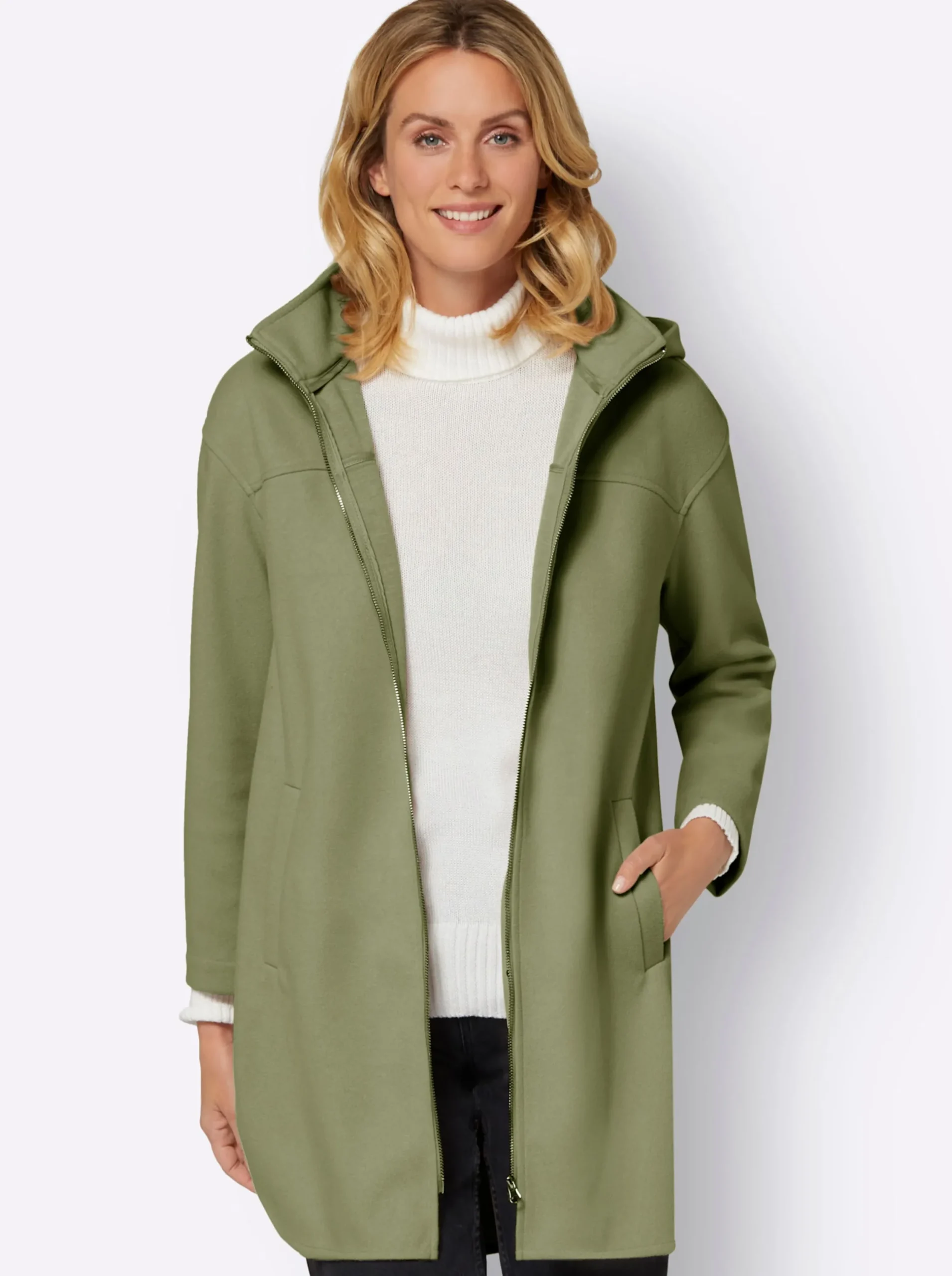 Jacken| Longjacke mit Kapuze und Seitenschlitzen schilf