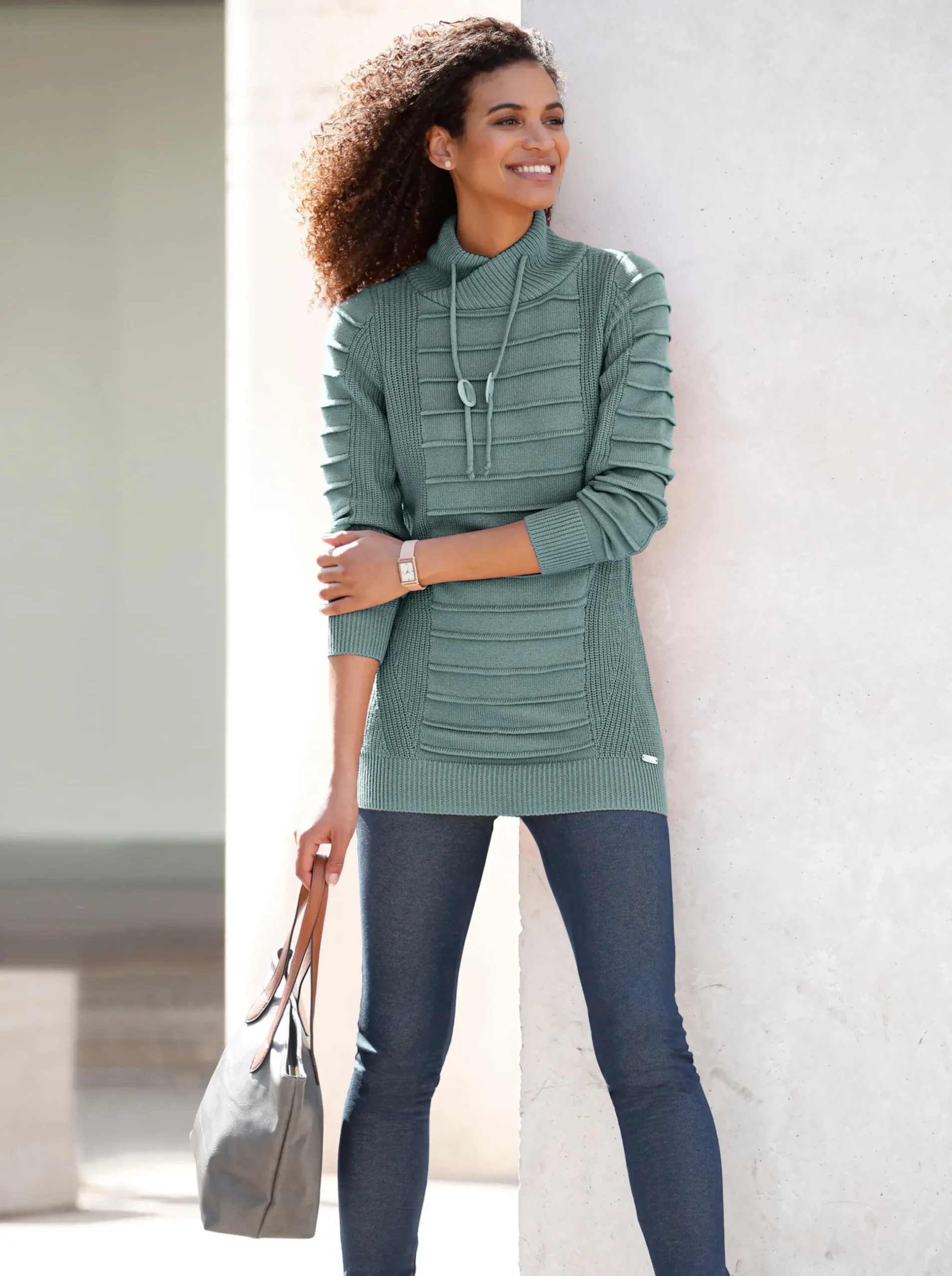 Pullover| Longpullover mit Struktur-Partien jade