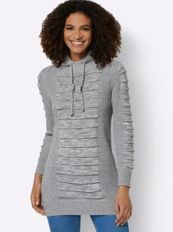 Pullover| Longpullover mit Struktur-Partien steingrau-weiß-meliert