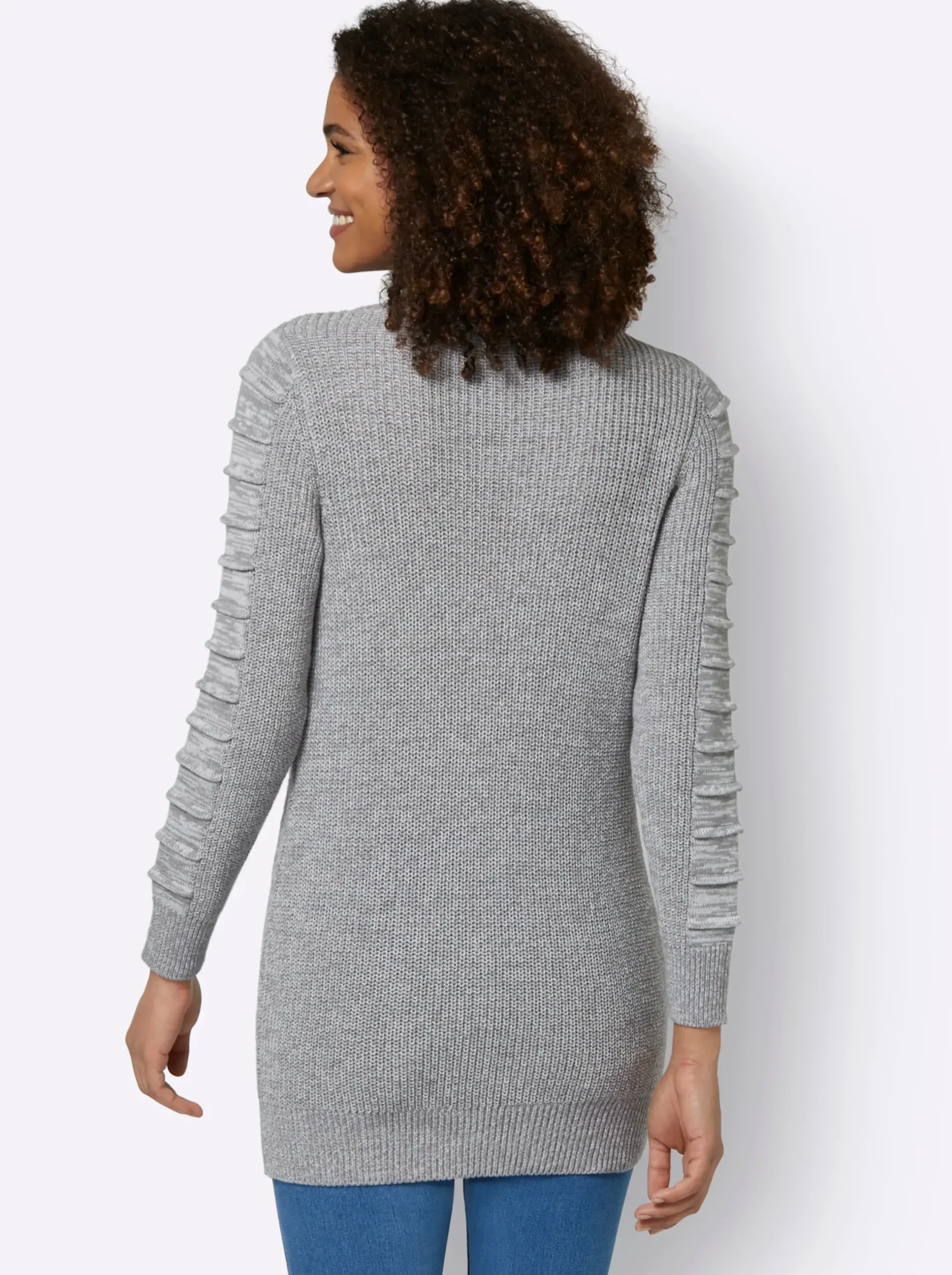 Pullover| Longpullover mit Struktur-Partien steingrau-weiß-meliert