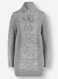 Pullover| Longpullover mit Struktur-Partien steingrau-weiß-meliert