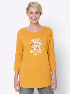 Shirts| Longshirt mit Print vorne ocker-weiß