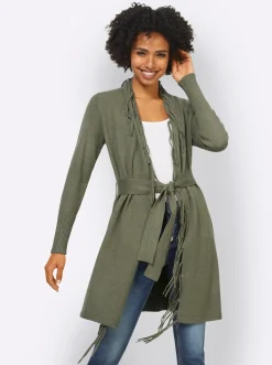 Strickjacken|heine Longstrickjacke mit Bindegürtel khaki-meliert