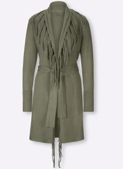 Strickjacken|heine Longstrickjacke mit Bindegürtel khaki-meliert