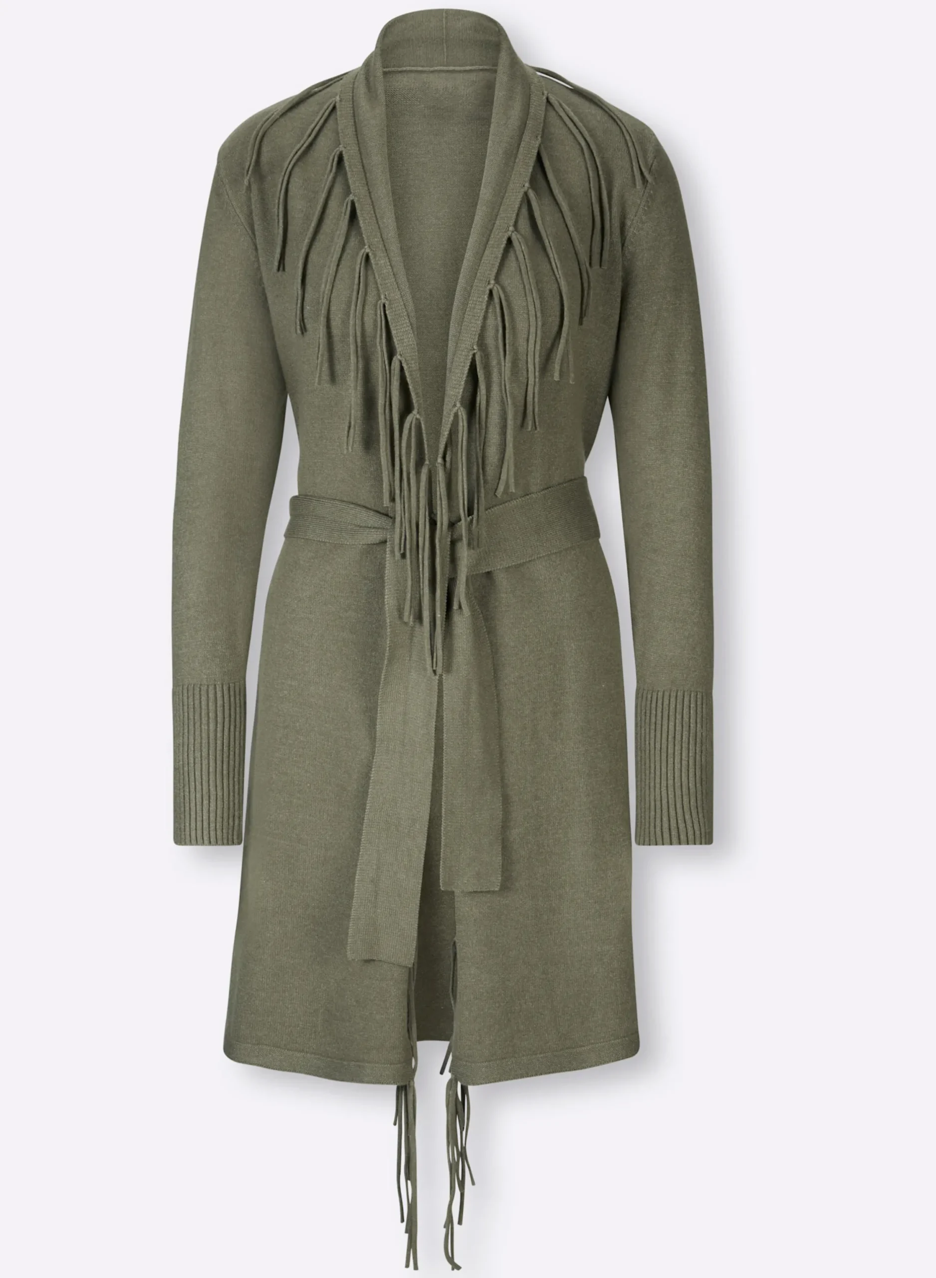Strickjacken|heine Longstrickjacke mit Bindegürtel khaki-meliert