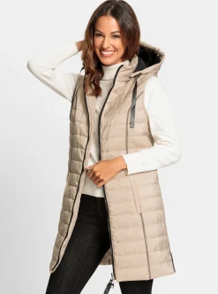 Jacken| Longweste mit abnehmbarer Kapuze beige