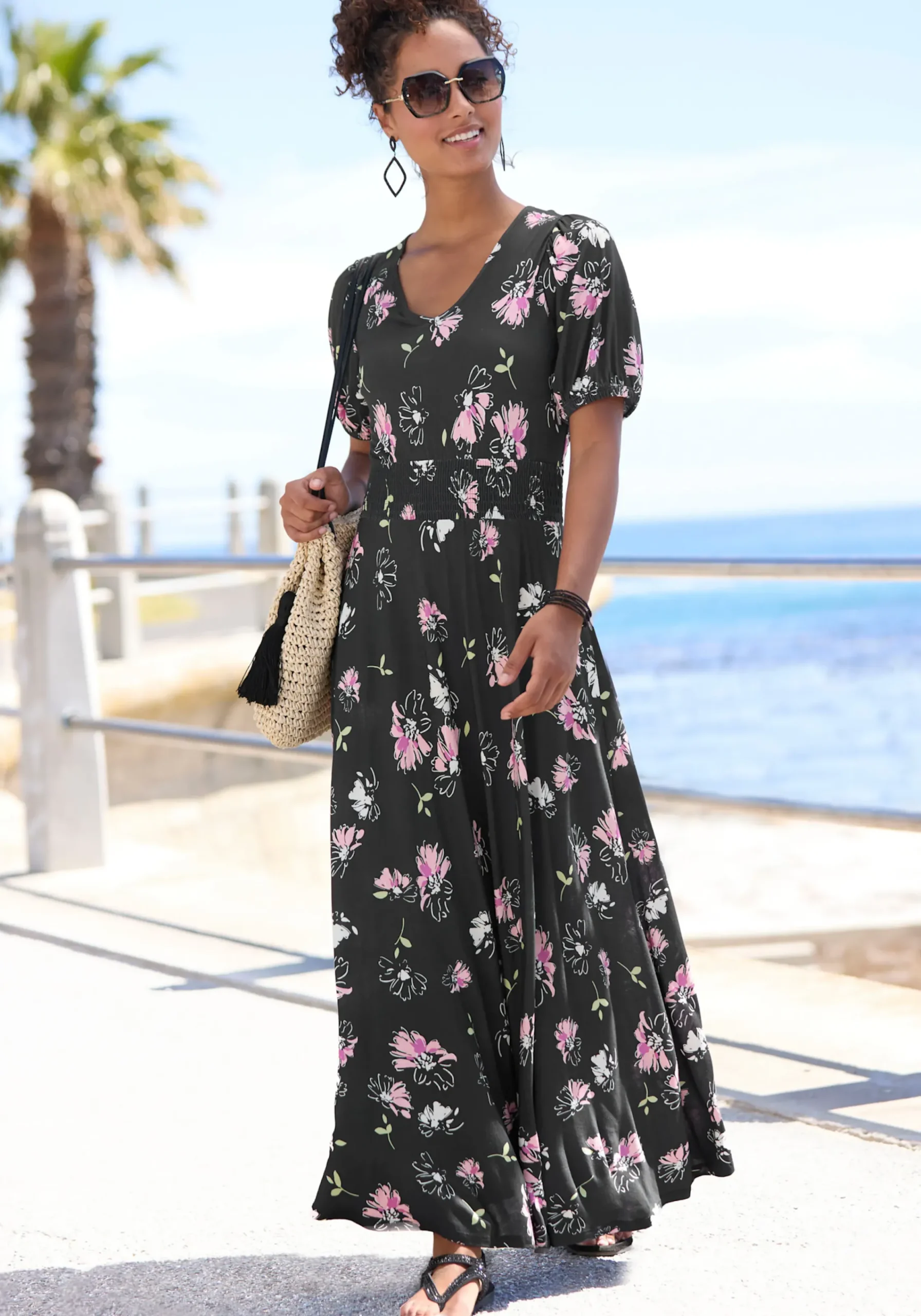 Strandkleider|Vivance Maxikleid schwarz-mauvebedruckt