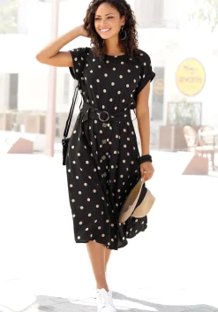 Strandkleider|Kleider|LASCANA Midikleid schwarz-sand-bedruckt