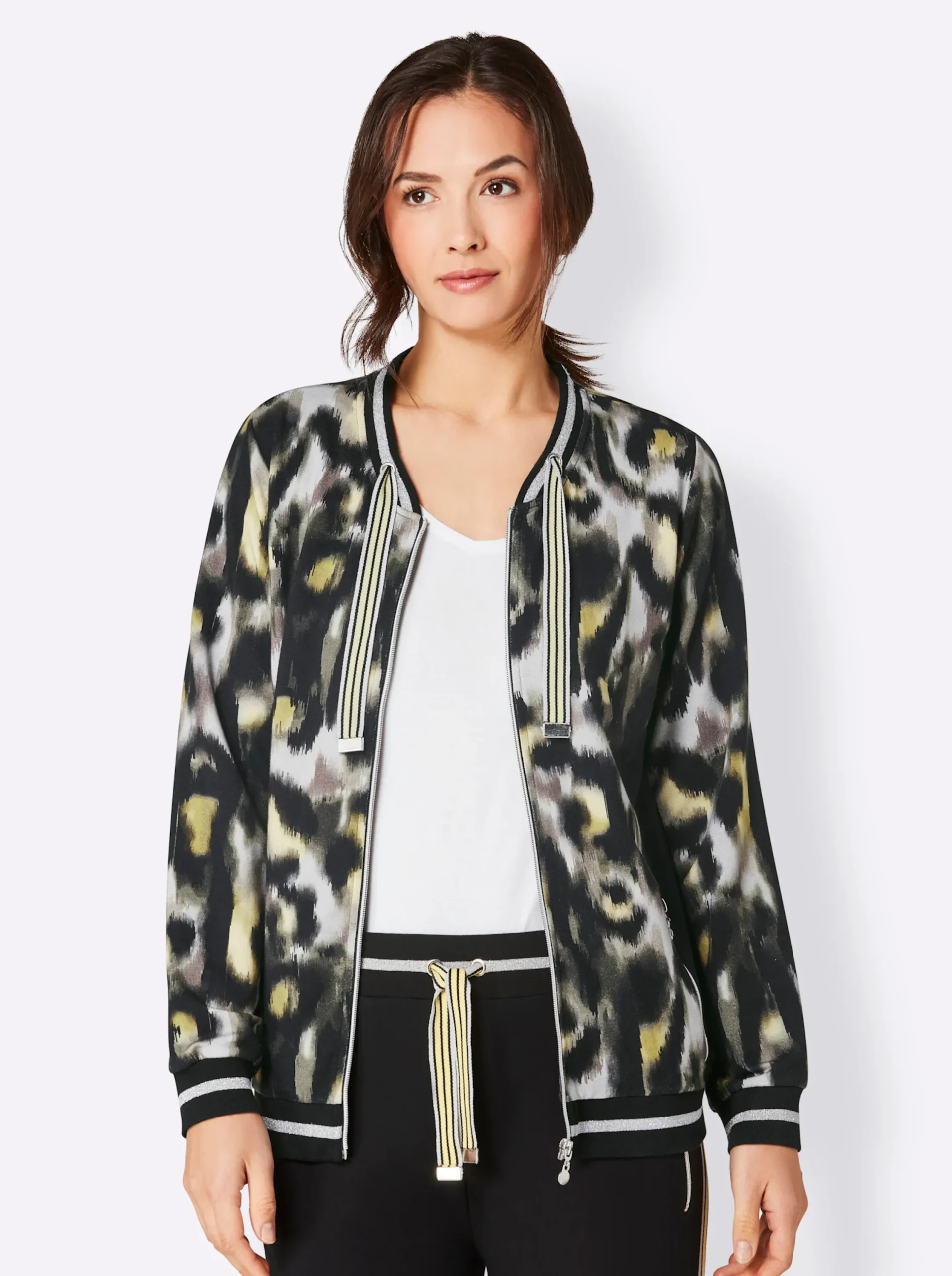 Homewear|Homewear|CREATION L PREMIUM Modal-Viskose-Jacke hellgrau-zitrone-bedruckt