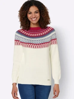 Pullover| Norwegerpullover ecru-kirsche-gemustert