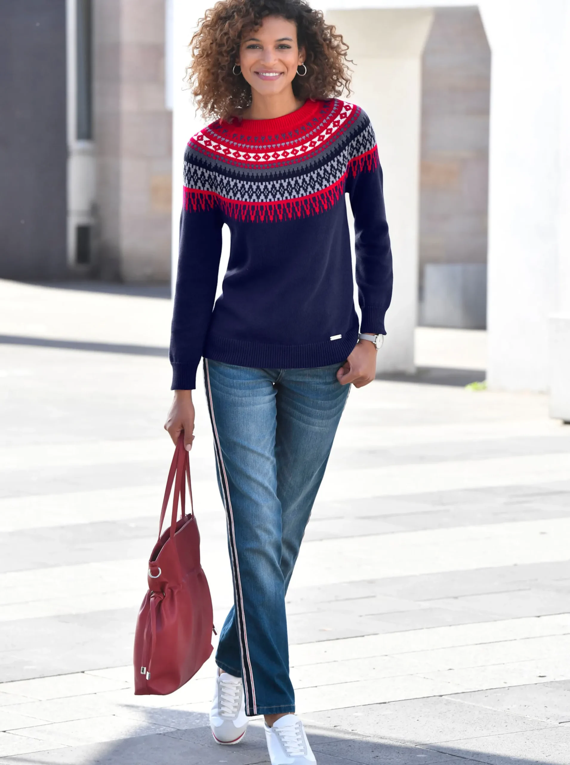 Pullover| Norwegerpullover nachtblau-kirsche-gemustert
