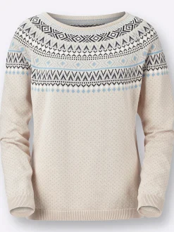 Pullover| Norwegerpullover mit weitem Rundhals-Ausschnitt sand-bleu-gemustert