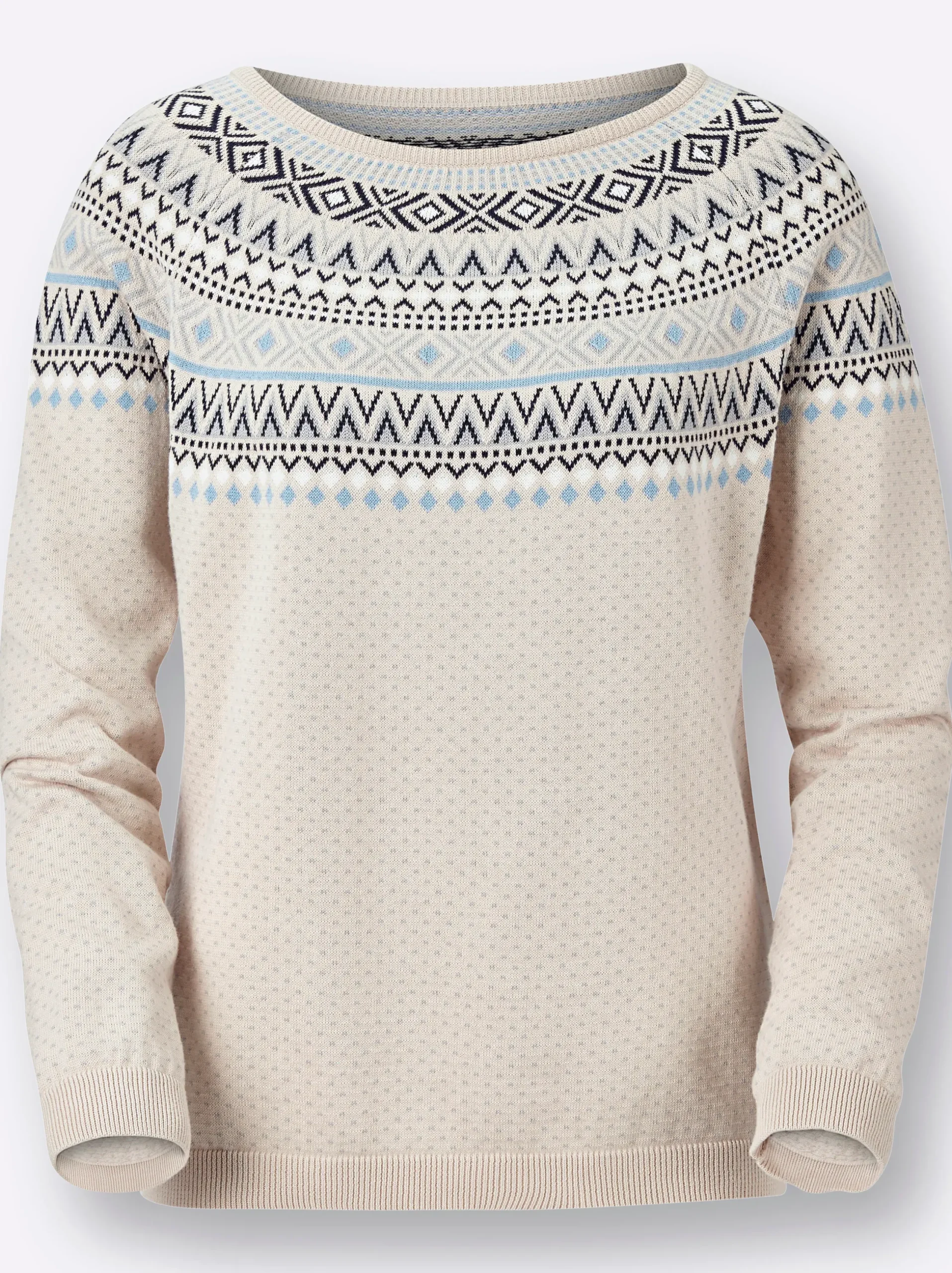 Pullover| Norwegerpullover mit weitem Rundhals-Ausschnitt sand-bleu-gemustert