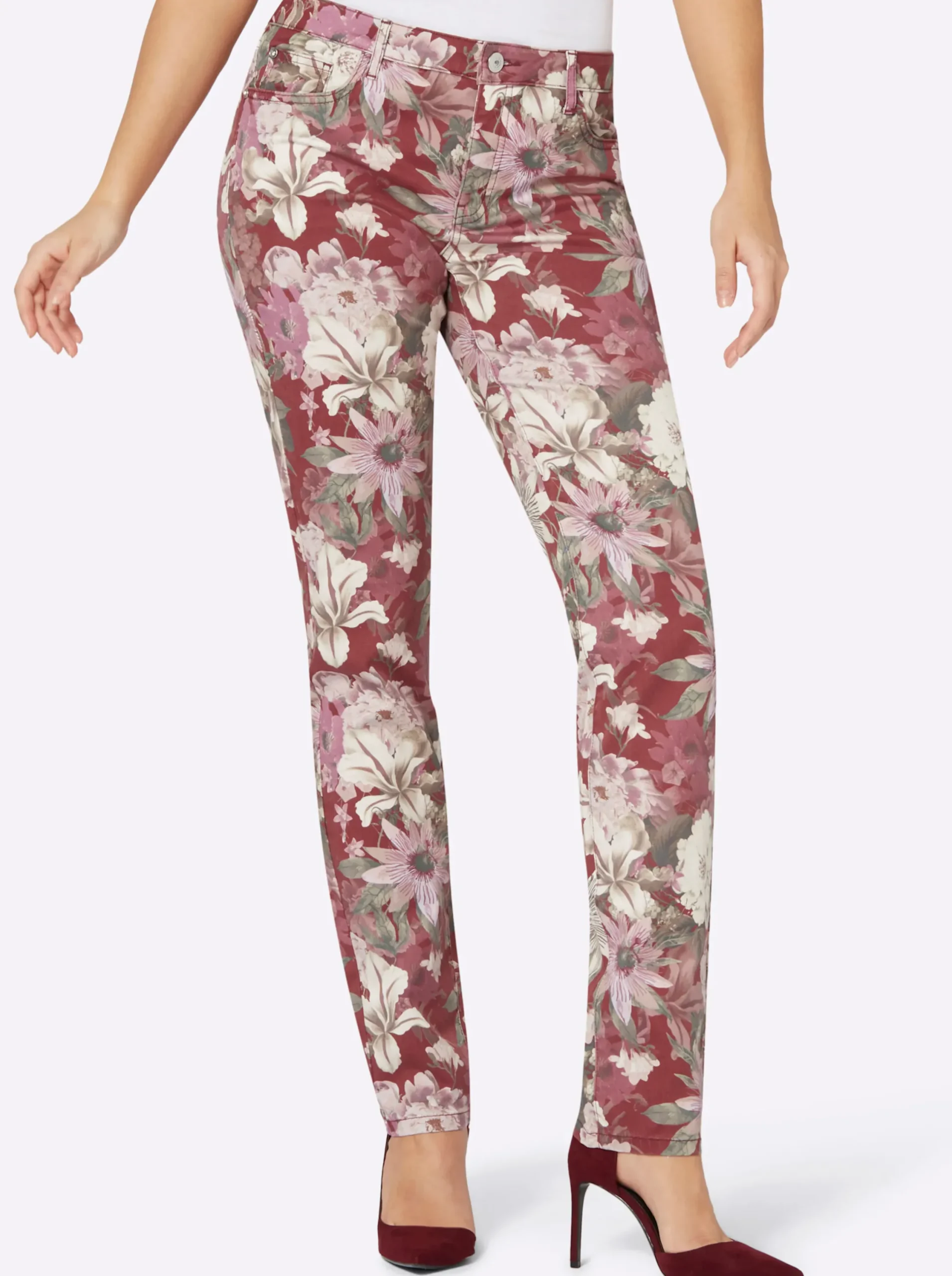 Jeans| 5-Pocket-Jeans dunkelrot-bedruckt