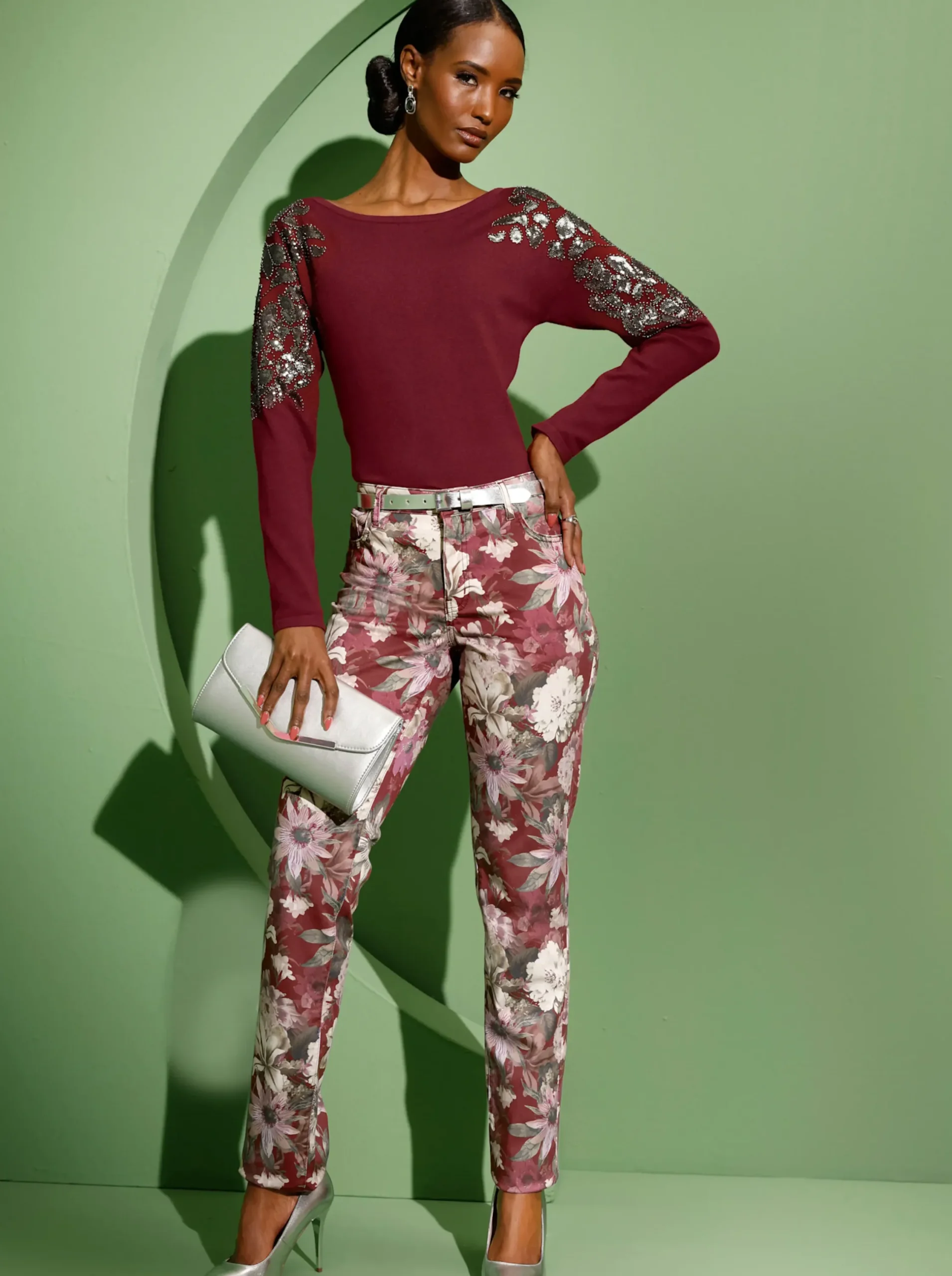 Jeans| 5-Pocket-Jeans dunkelrot-bedruckt