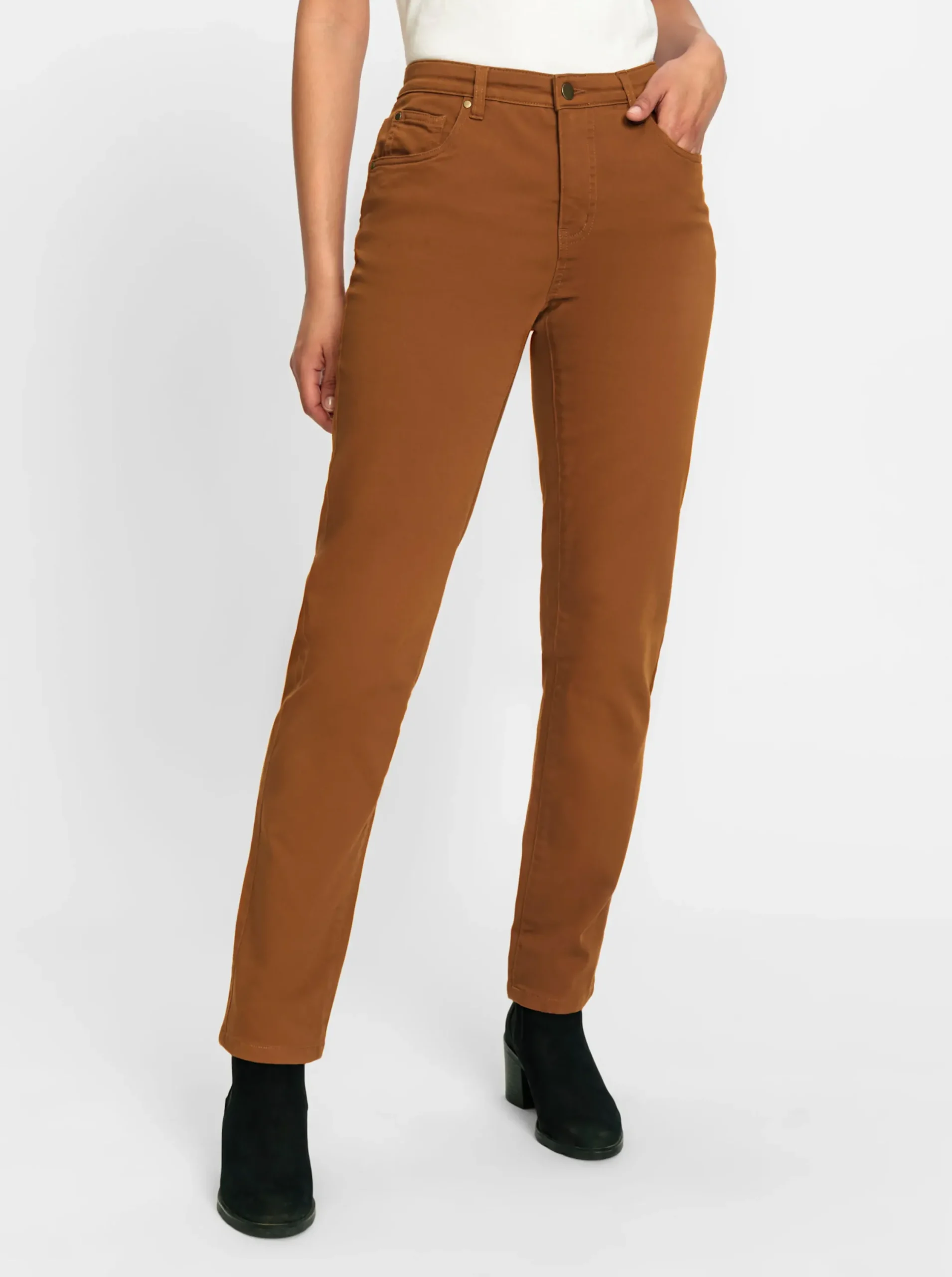 Jeans| 5-Pocket-Jeans mit bestickten Gesäßtaschen cognac