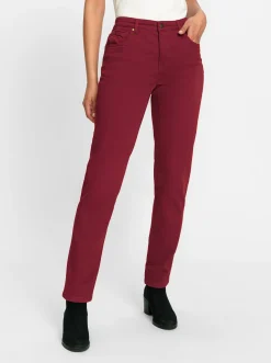 Jeans| 5-Pocket-Jeans mit bestickten Gesäßtaschen dunkelrot
