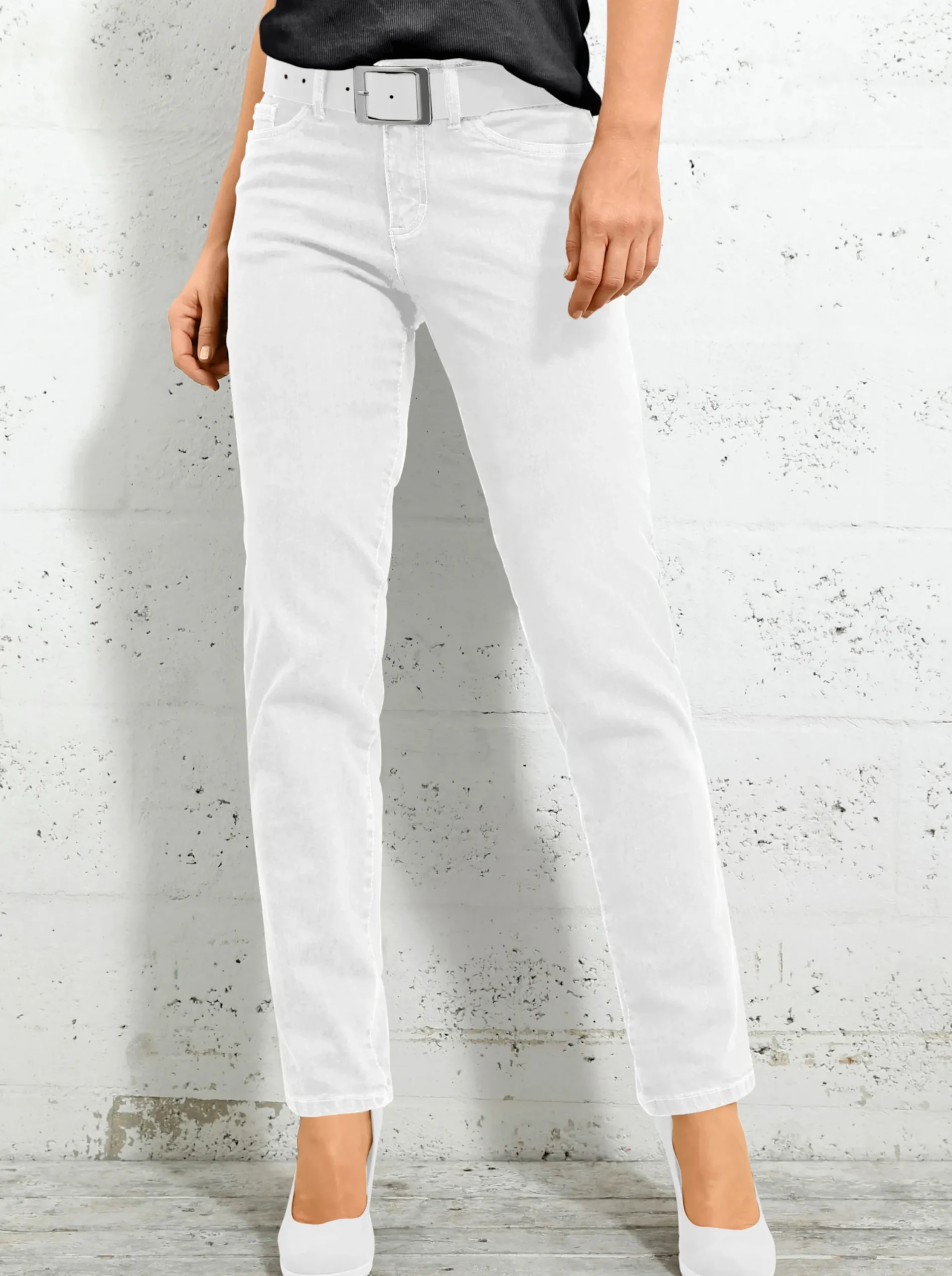 Jeans| 5-Pocket-Jeans mit bestickten Gesäßtaschen weiß