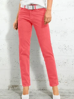 Jeans| 5-Pocket-Jeans mit bestickten Gesäßtaschen korallenrot