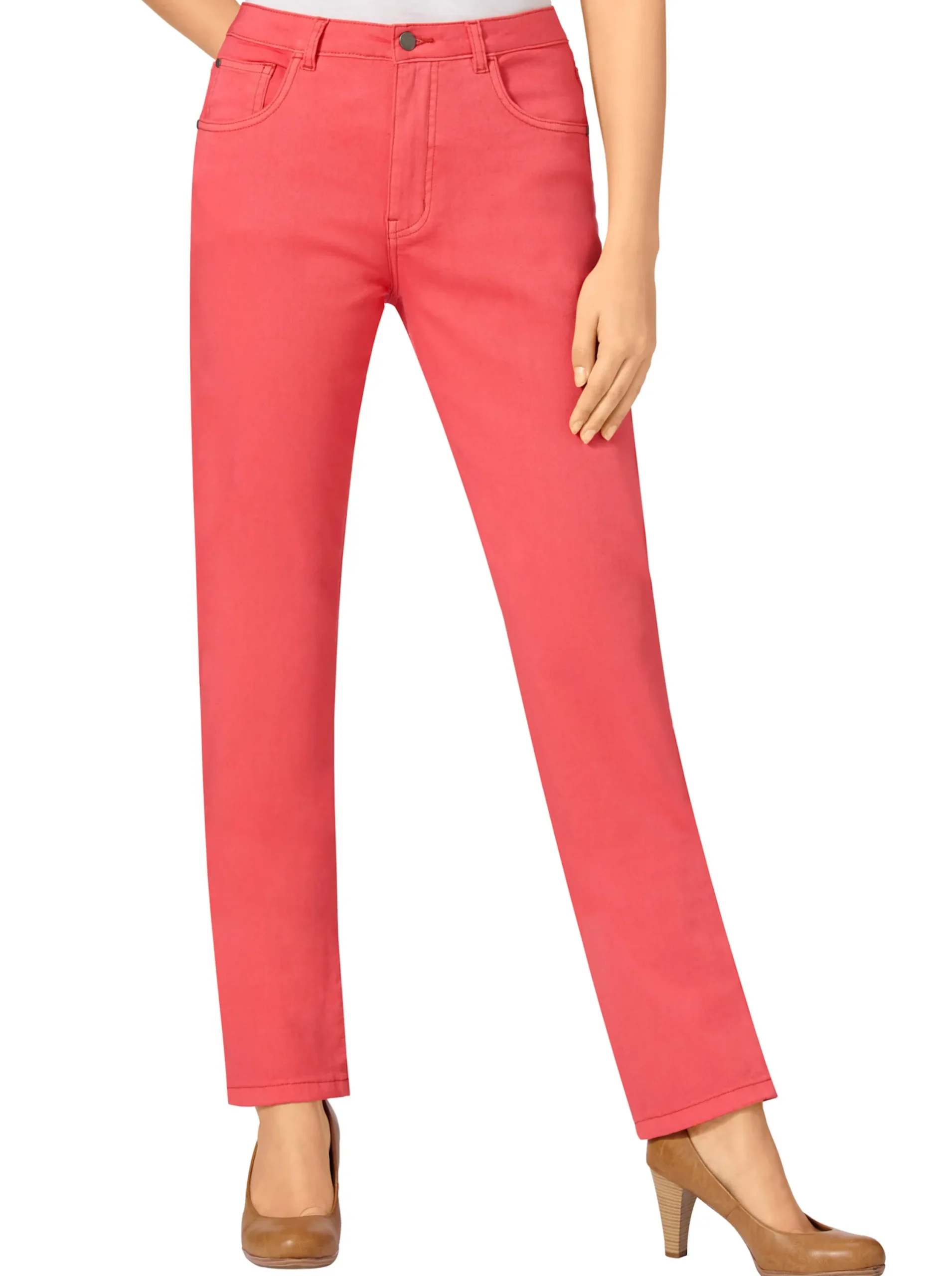 Jeans| 5-Pocket-Jeans mit bestickten Gesäßtaschen korallenrot